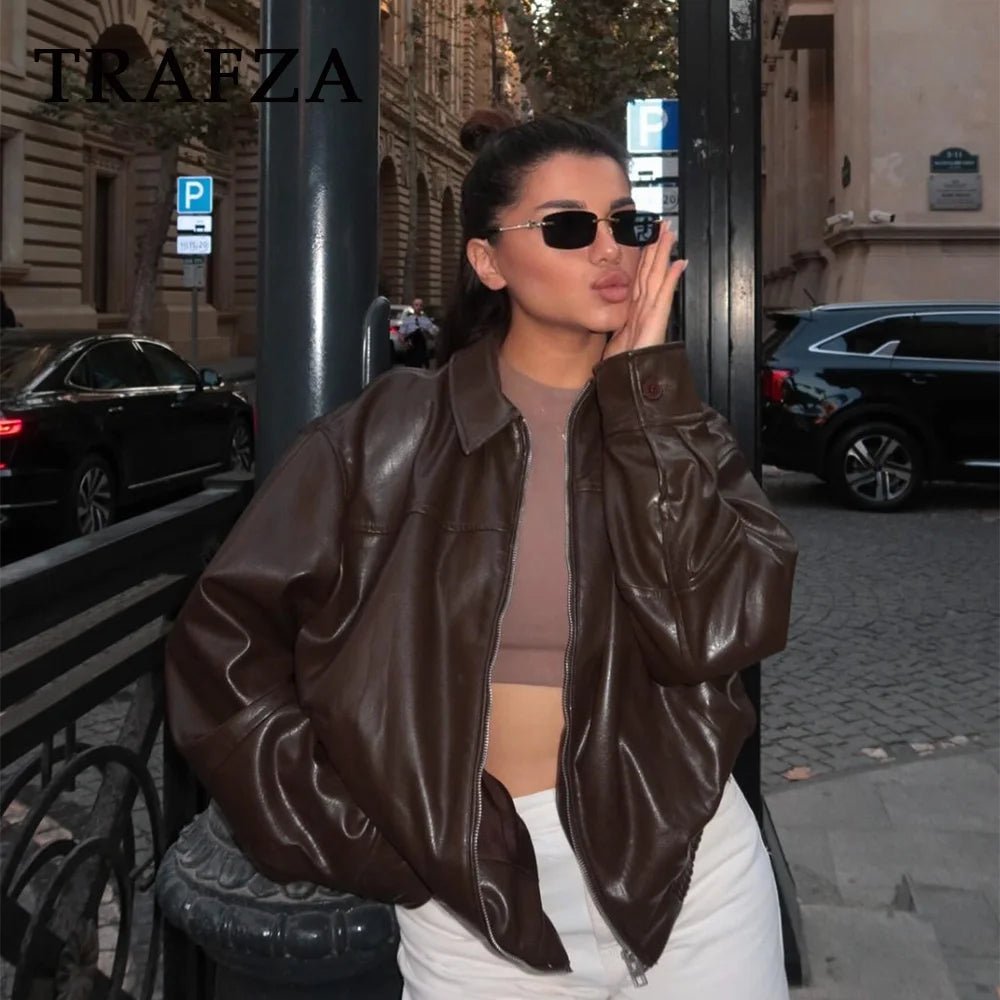 SEAME - Arabell - Chic Vintage Vegan Leather Women's Autumn Winter Jacket with Unique Zipper Detail Brown S