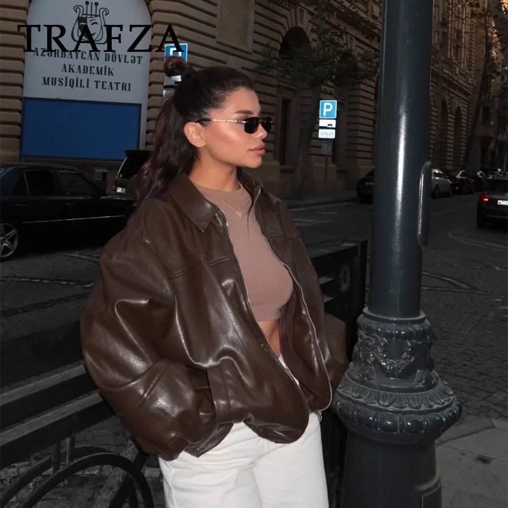 SEAME - Arabell - Chic Vintage Vegan Leather Women's Autumn Winter Jacket with Unique Zipper Detail Brown S