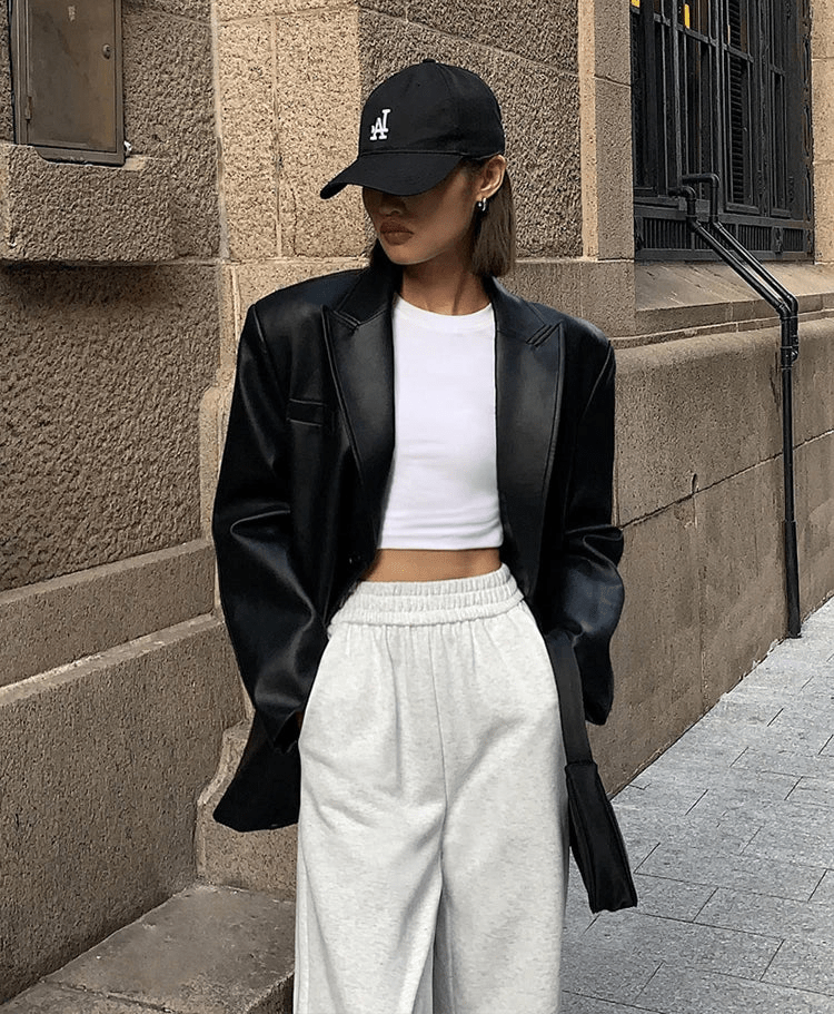 SEAME - Charice - Oversized Leather Blazer for Women with Shoulder Pads Black M