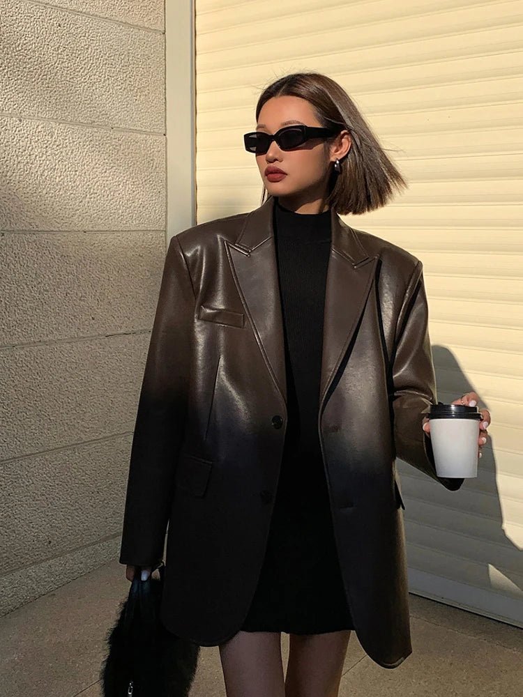SEAME - Charice - Oversized Leather Blazer for Women with Shoulder Pads Brown S