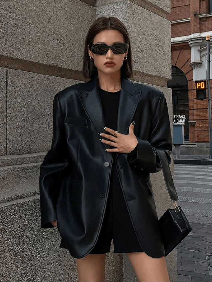 SEAME - Charice - Oversized Leather Blazer for Women with Shoulder Pads Brown S