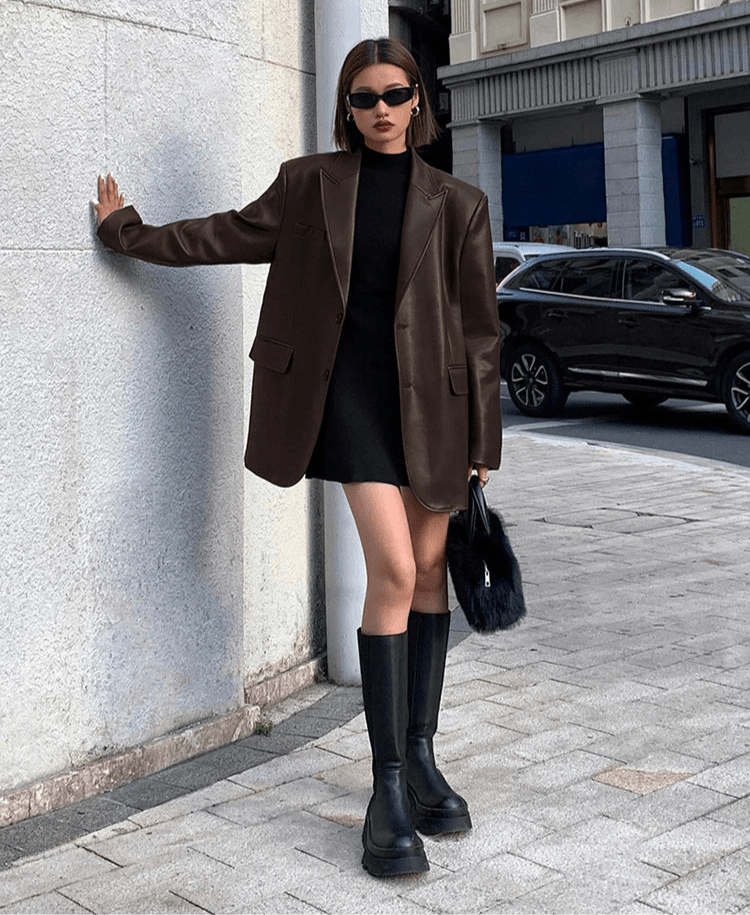 SEAME - Charice - Oversized Leather Blazer for Women with Shoulder Pads Brown L