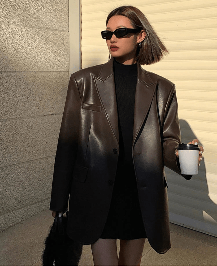 SEAME - Charice - Oversized Leather Blazer for Women with Shoulder Pads Brown S