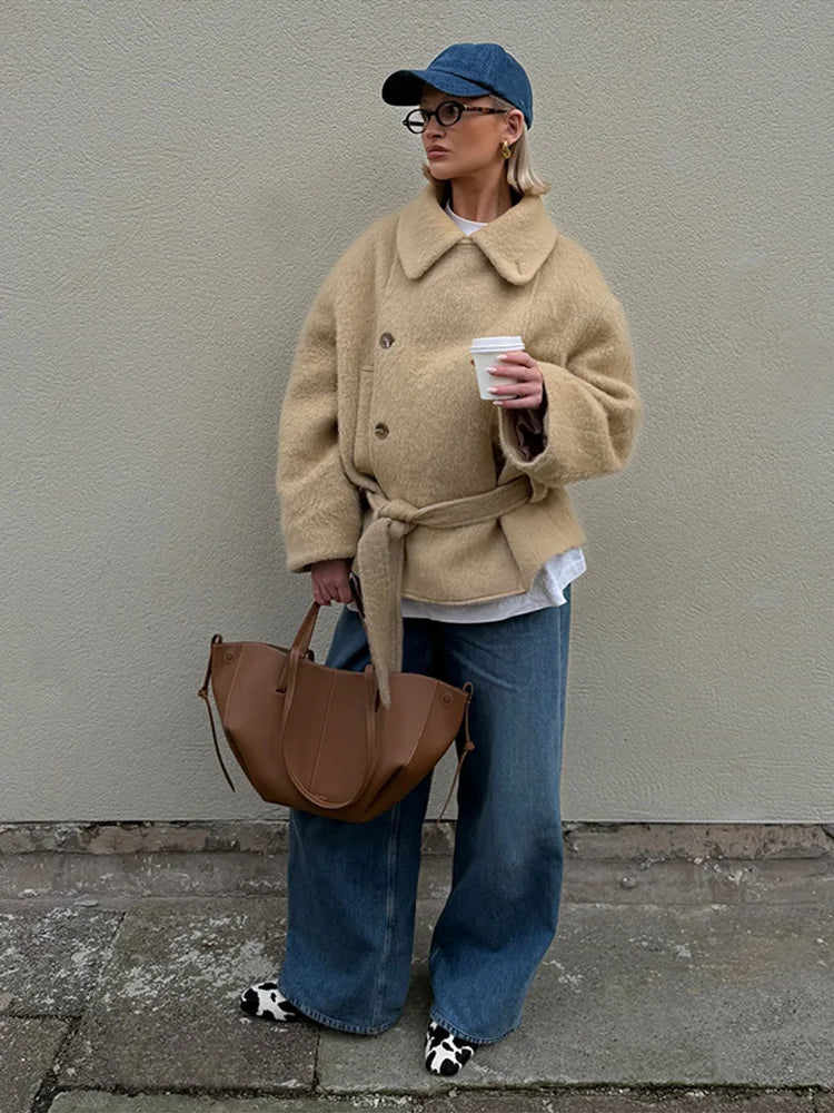 SEAME - Clara - Women's Coat - Elegant Plush Short Winter Coat with Belt Beige M