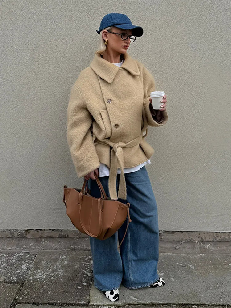 SEAME - Clara - Women's Coat - Elegant Plush Short Winter Coat with Belt Beige L
