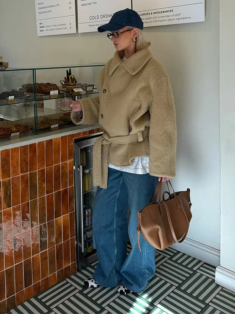 SEAME - Clara - Women's Coat - Elegant Plush Short Winter Coat with Belt Beige L
