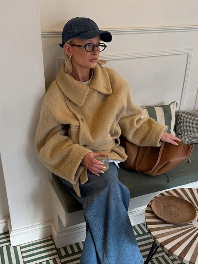 SEAME - Clara - Women's Coat - Elegant Plush Short Winter Coat with Belt Beige M