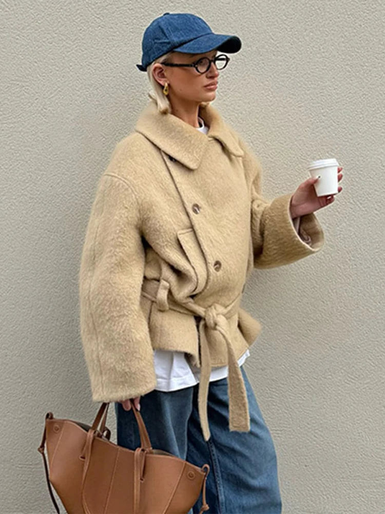SEAME - Clara - Women's Coat - Elegant Plush Short Winter Coat with Belt Beige S