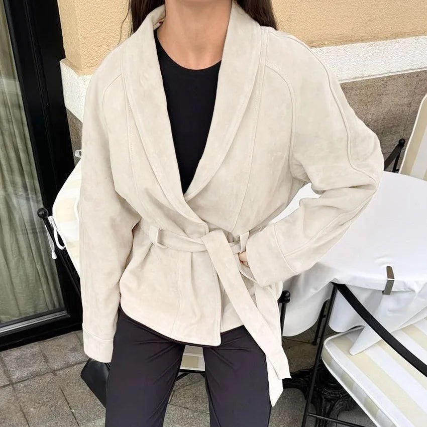 SEAME - Evelyn - Women's Autumn Winter Jacket with Lace - Up Detail, Retro Suede Long Sleeves Beige S