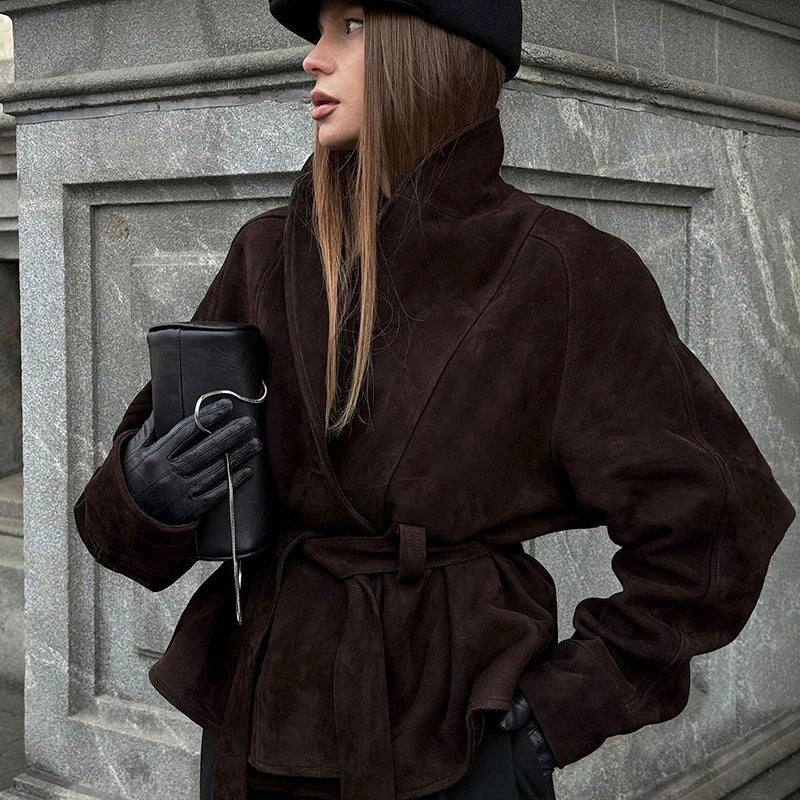 SEAME - Evelyn - Women's Autumn Winter Jacket with Lace - Up Detail, Retro Suede Long Sleeves Dark Brown M