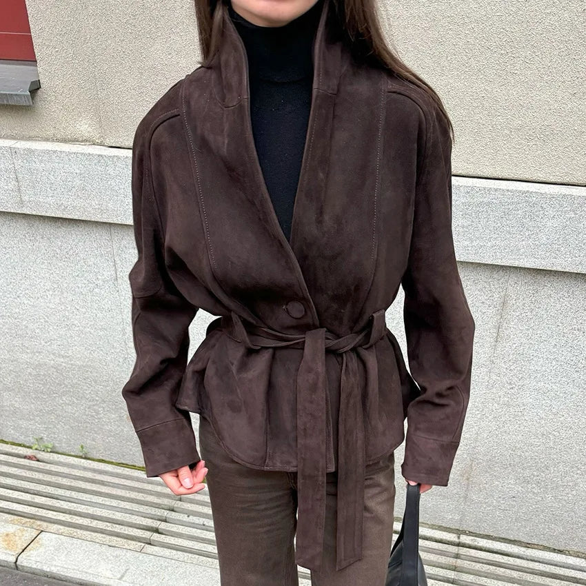 SEAME - Evelyn - Women's Autumn Winter Jacket with Lace - Up Detail, Retro Suede Long Sleeves Dark Brown S