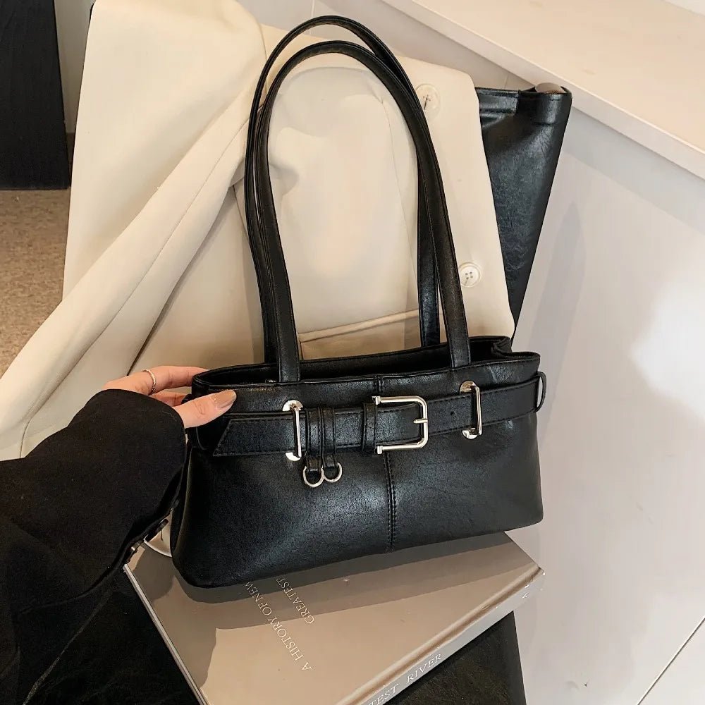 SEAME - Gemma - Retro Texture Tote Bag with Secure Belt Lock Closure Black