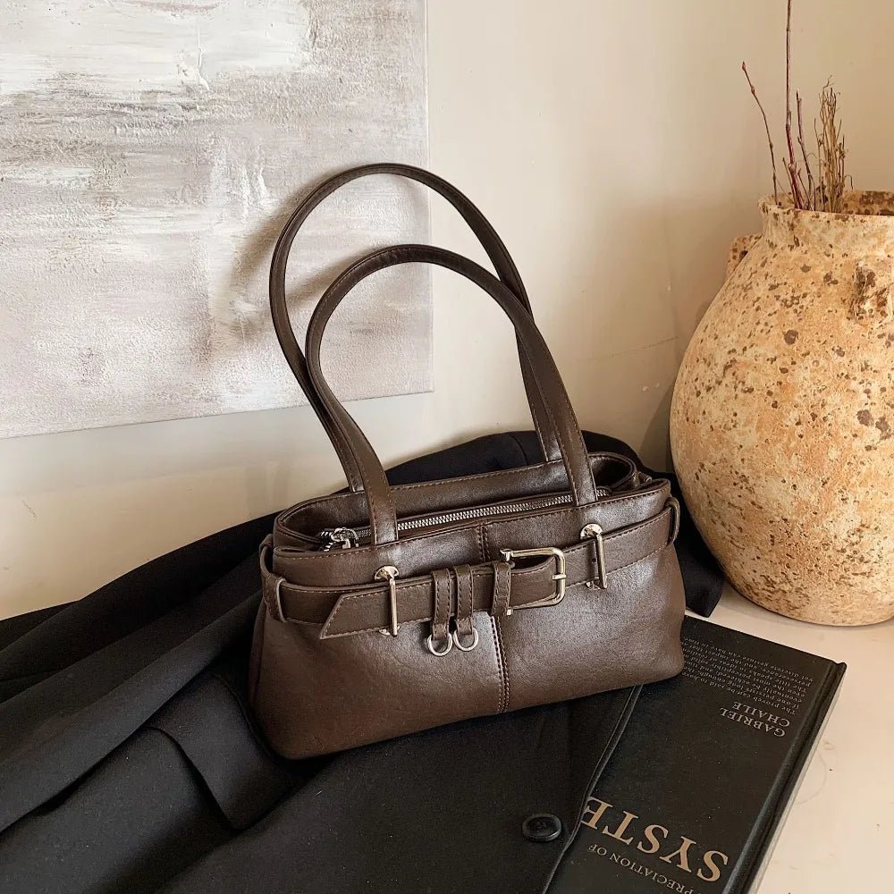 SEAME - Gemma - Retro Texture Tote Bag with Secure Belt Lock Closure Brown