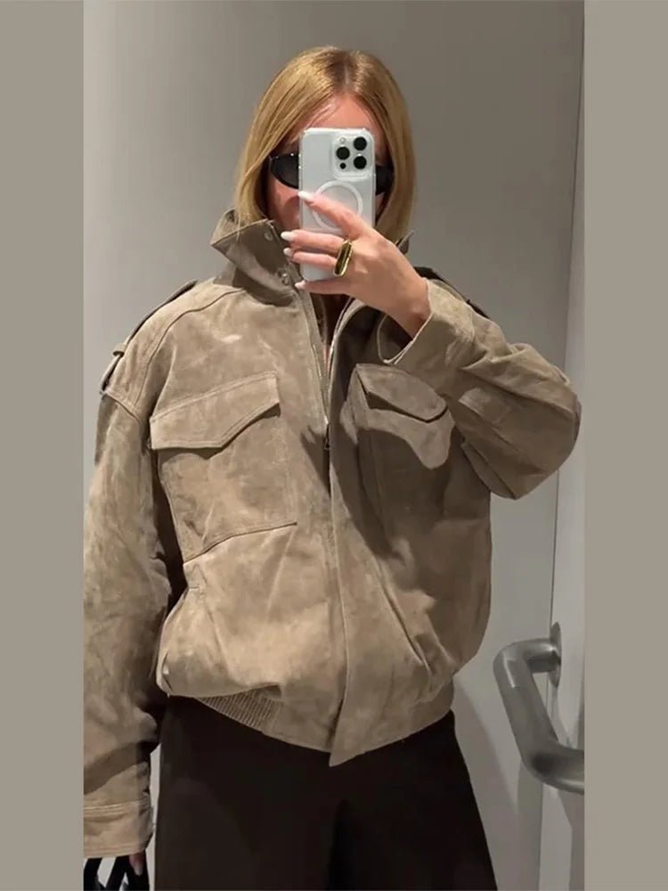 SEAME - Greta - Women's Autumn Winte Suede Moto Jacket with Zipper Pockets and Lapel Collar Beige XS