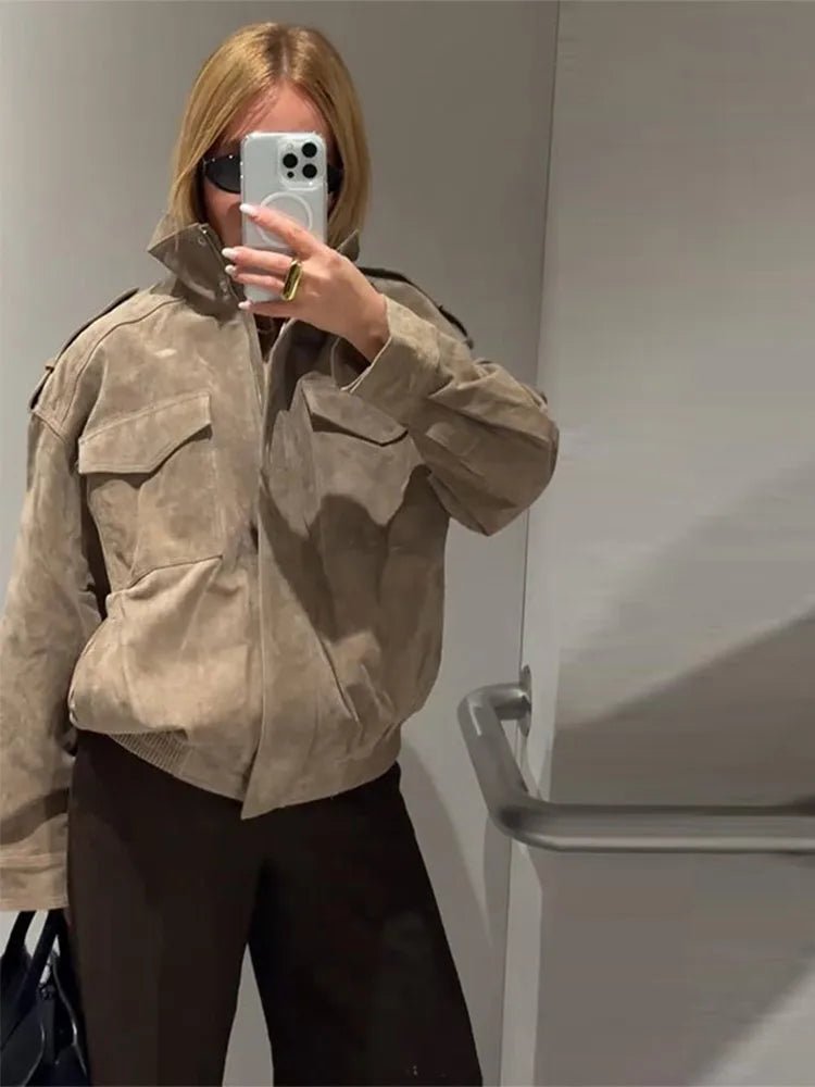 SEAME - Greta - Women's Autumn Winte Suede Moto Jacket with Zipper Pockets and Lapel Collar Beige XS