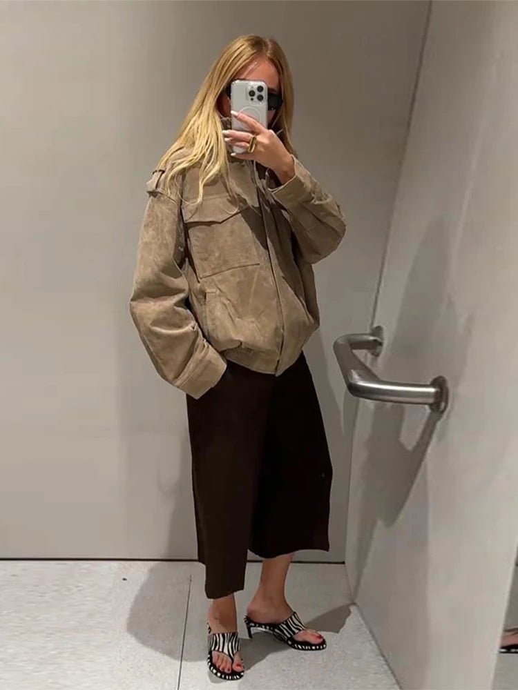 SEAME - Greta - Women's Autumn Winte Suede Moto Jacket with Zipper Pockets and Lapel Collar Beige XS