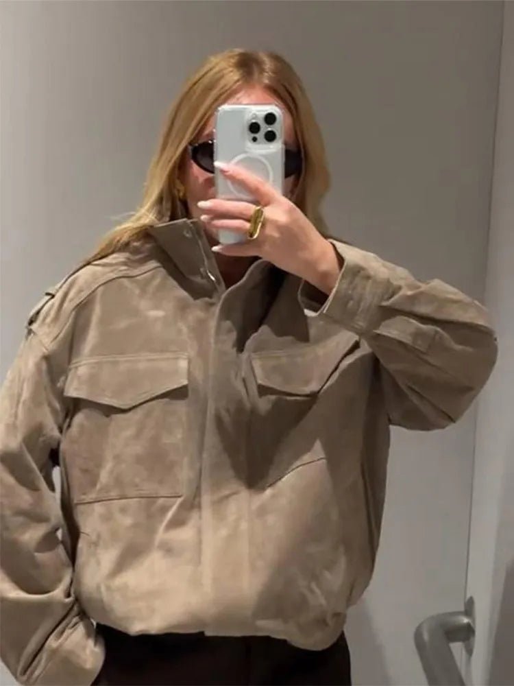 SEAME - Greta - Women's Autumn Winte Suede Moto Jacket with Zipper Pockets and Lapel Collar Beige S