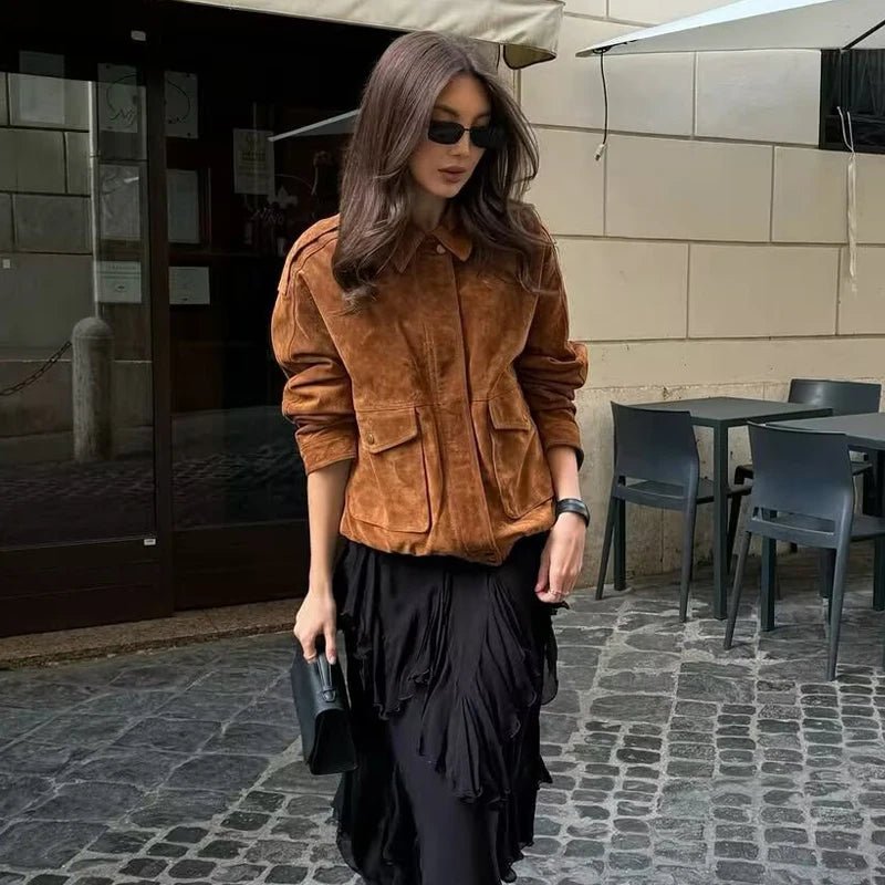 SEAME - Jen - Stylish Suede Bomber Jacket for Women with Zipper Closure Light Brown XS
