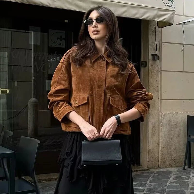 SEAME - Jen - Stylish Suede Bomber Jacket for Women with Zipper Closure Light Brown XS