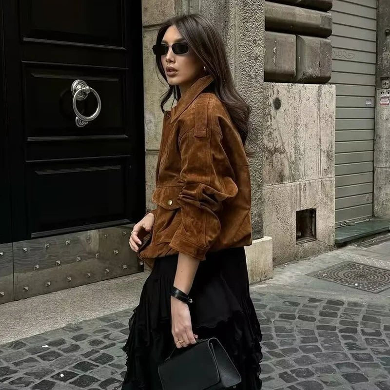 SEAME - Jen - Stylish Suede Bomber Jacket for Women with Zipper Closure Light Brown XS