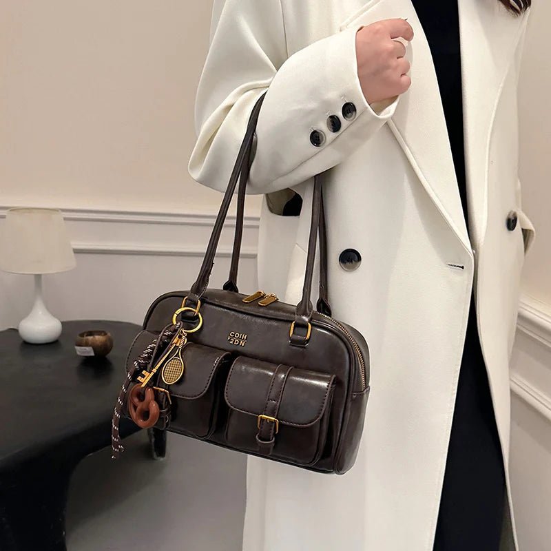 SEAME - Jessa - Stylish Multi - Pocket Handbag in Vegan Leather for Travel & Shopping Brown