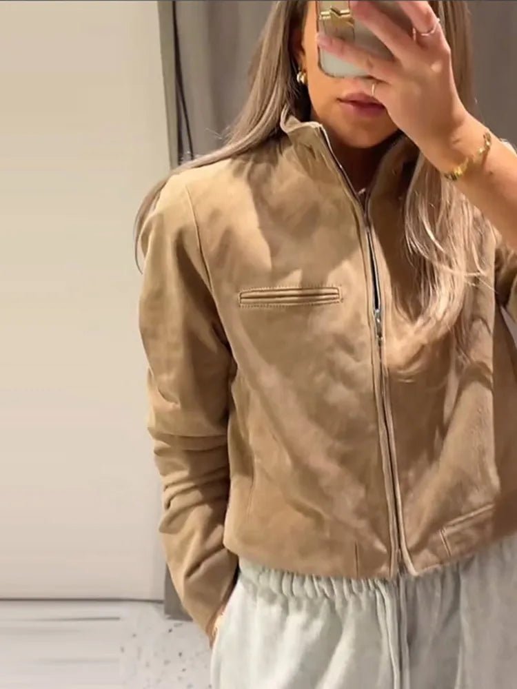 SEAME - Lyn - Women's Vintage Suede cropped Autumn Jacket with Stand Collar Beige S