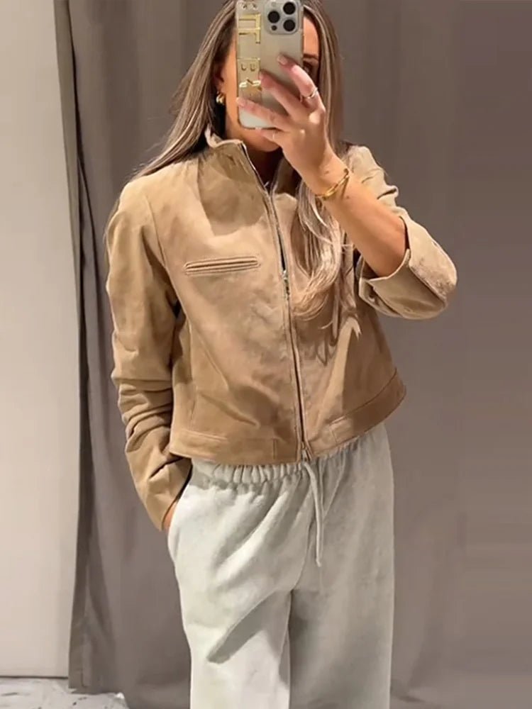 SEAME - Lyn - Women's Vintage Suede cropped Autumn Jacket with Stand Collar Beige M
