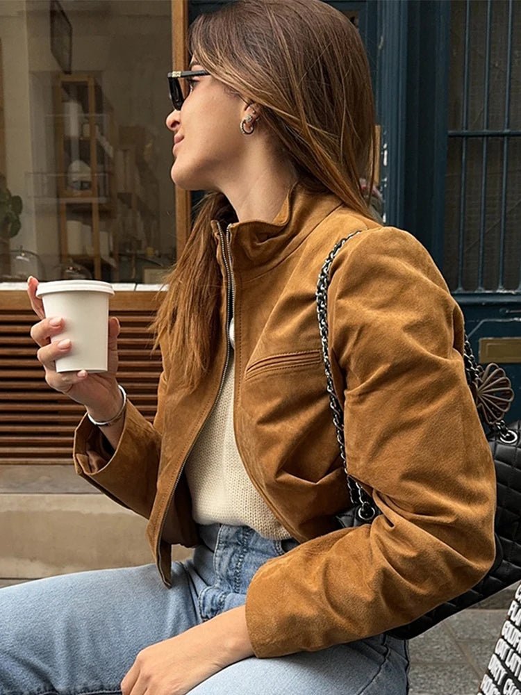 SEAME - Lyn - Women's Vintage Suede cropped Autumn Jacket with Stand Collar Brown M