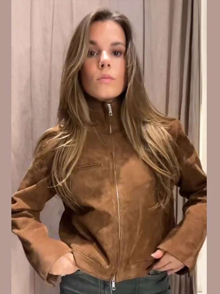 SEAME - Lyn - Women's Vintage Suede cropped Autumn Jacket with Stand Collar Brown L