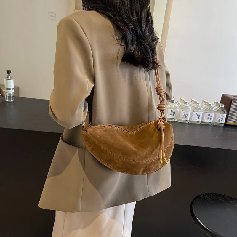 SEAME - Mary - Stylish Vegan Suede Shoulder Bag for Women, Trendy Crossbody Dumpling Design Beige 30x8x15cm