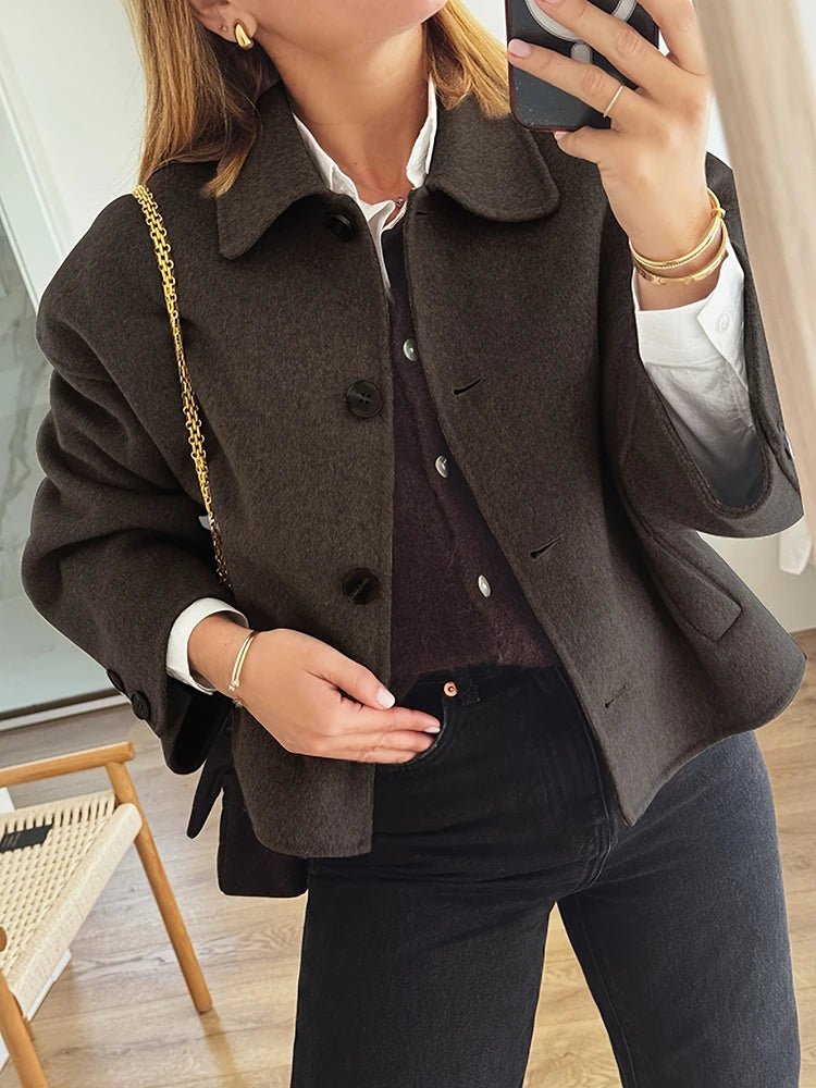 SEAME - Maxine - Women's Wool Coat with Button Closure for Winter Warmth Brown S