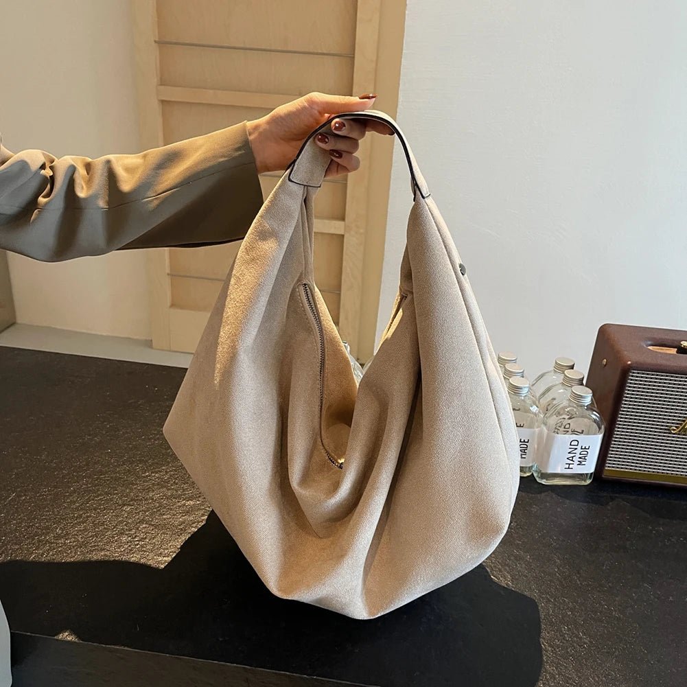 SEAME - Odette - Suede Hobo Handbag with Zipper & Large Capacity for Work and Travel Beige