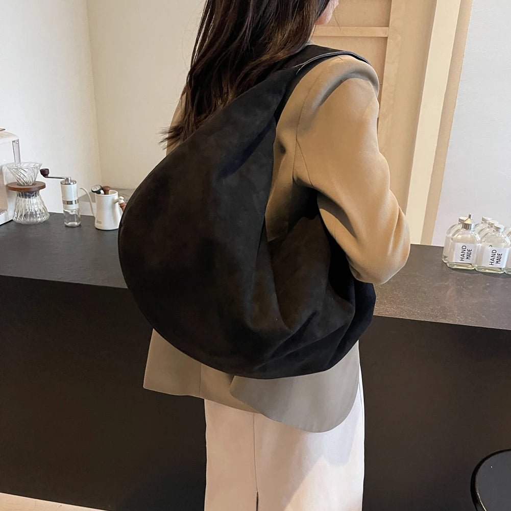 SEAME - Odette - Suede Hobo Handbag with Zipper & Large Capacity for Work and Travel Black