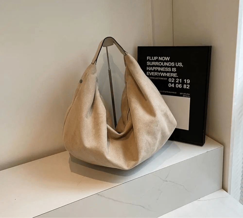 SEAME - Odette - Suede Hobo Handbag with Zipper & Large Capacity for Work and Travel Brown