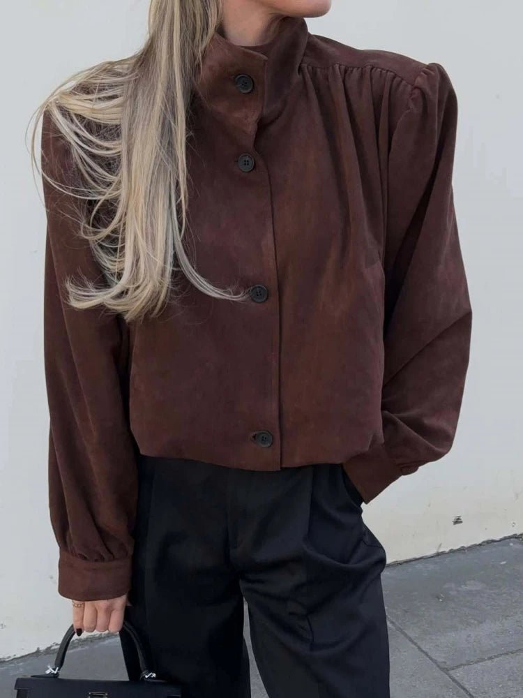 SEAME - Rita - Women's Jacket - Vintage Suede Leather with Padded Shoulders Dark Brown M