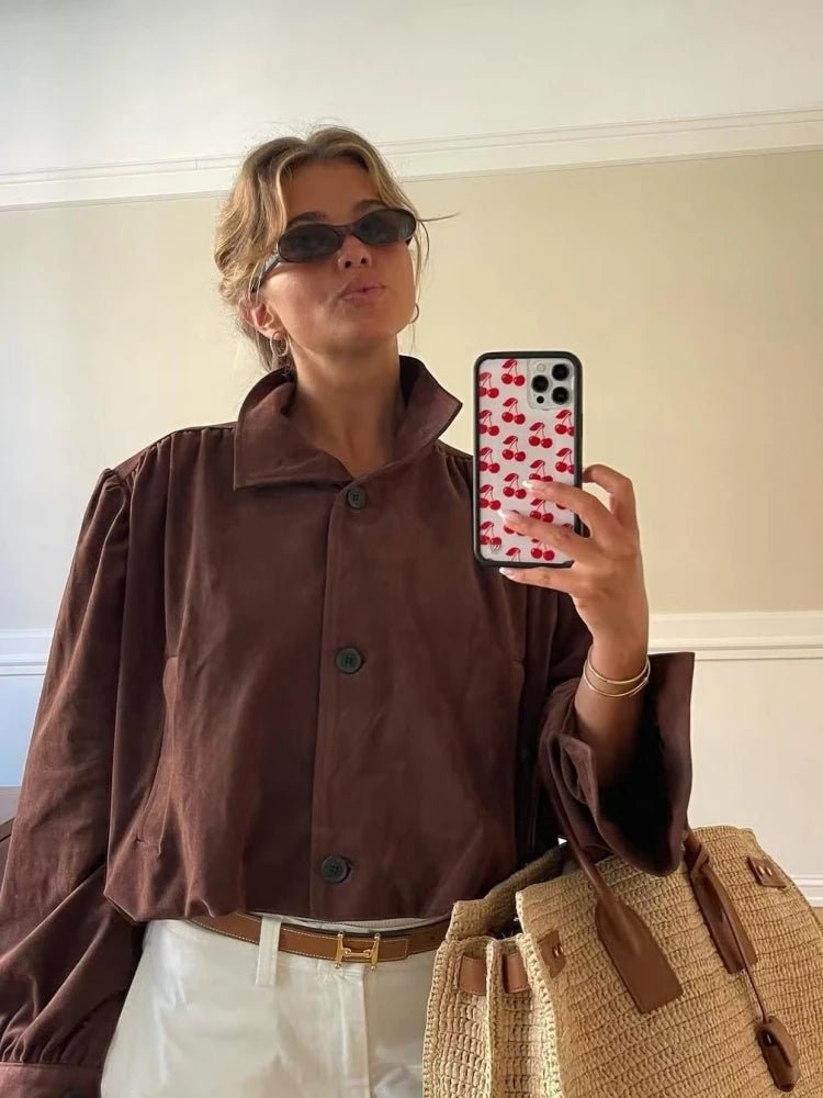 SEAME - Rita - Women's Jacket - Vintage Suede Leather with Padded Shoulders Dark Brown S