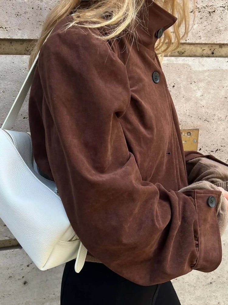 SEAME - Rita - Women's Jacket - Vintage Suede Leather with Padded Shoulders Dark Brown L