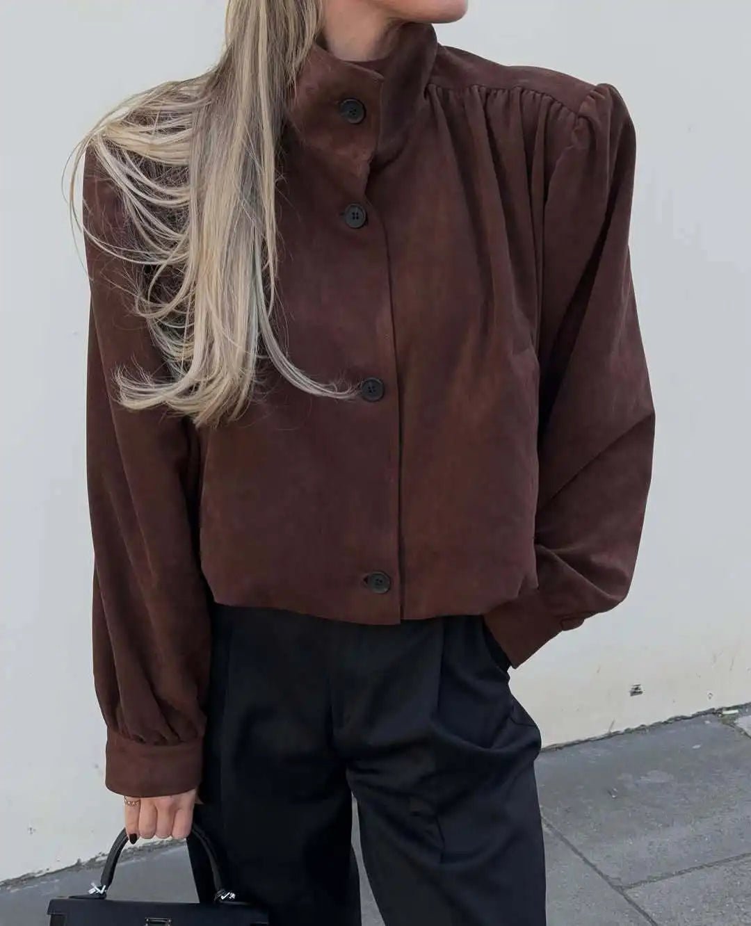 SEAME - Rita - Women's Jacket - Vintage Suede Leather with Padded Shoulders Dark Brown S