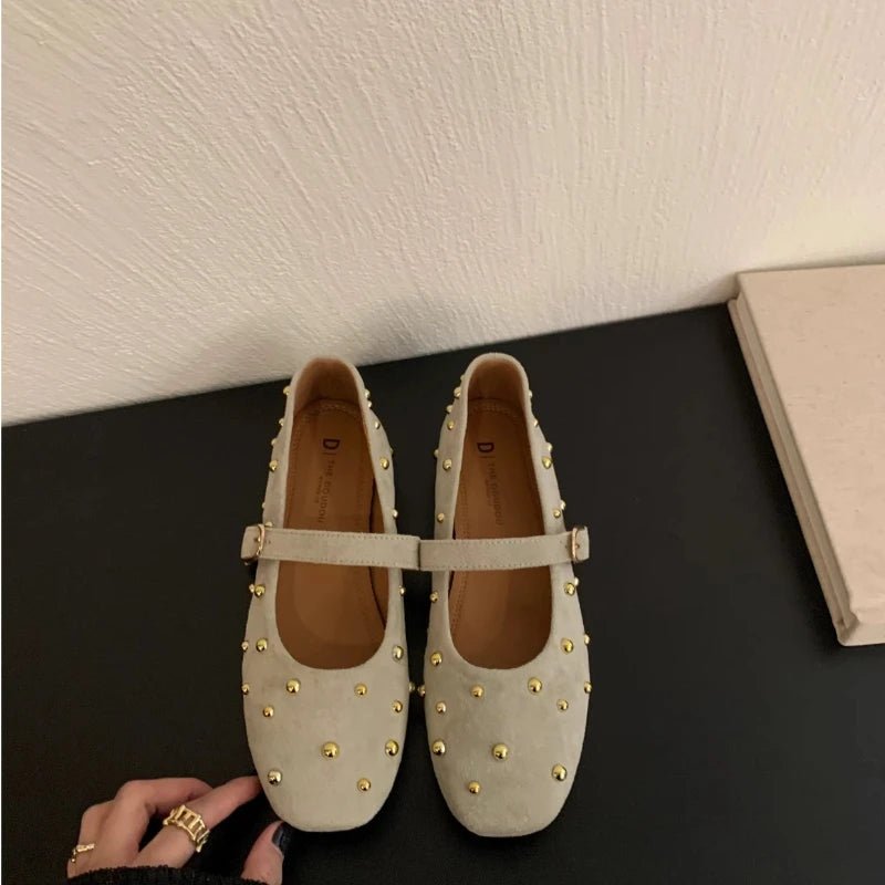 SEAME - Rowena - Suede Flats for Women with Square Toe Design, Comfortable & Stylish Beige 35