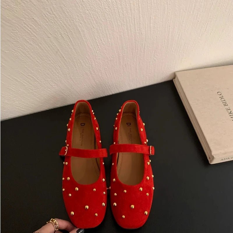SEAME - Rowena - Suede Flats for Women with Square Toe Design, Comfortable & Stylish Red 35