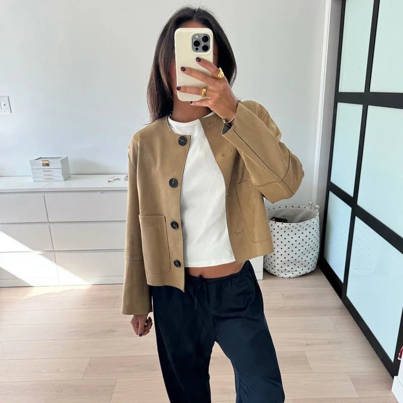 SEAME - Ruffa - Women's Jacket in Soft Suede with Long Sleeves & Button Closure Beige S