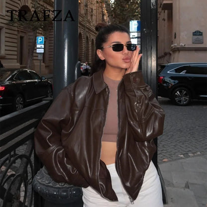 SEAME - Arabell - Chic Vintage Vegan Leather Women's Autumn Winter Jacket with Unique Zipper Detail Brown S