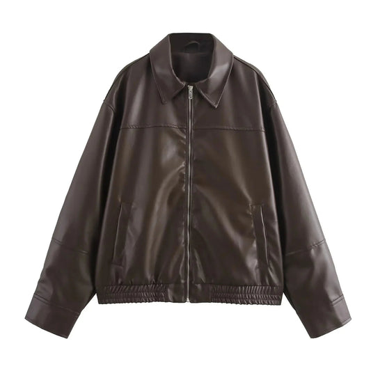 SEAME - Arabell - Chic Vintage Vegan Leather Women's Autumn Winter Jacket with Unique Zipper Detail Brown XS