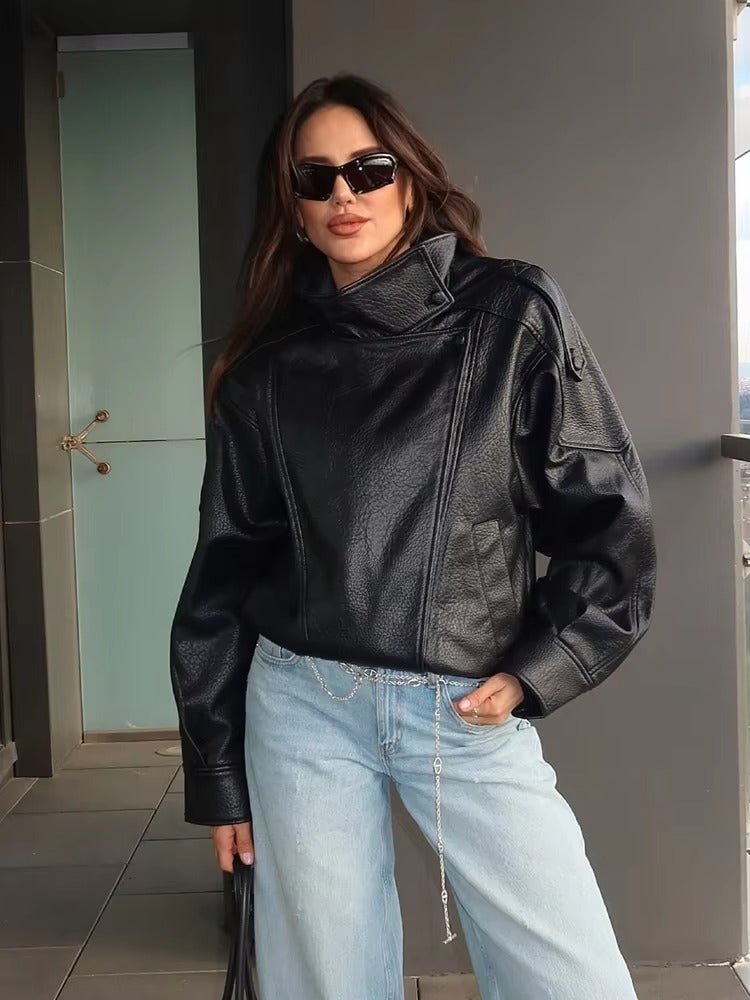 SEAME - Cecil Asymmetrical Leather Jacket Black XS