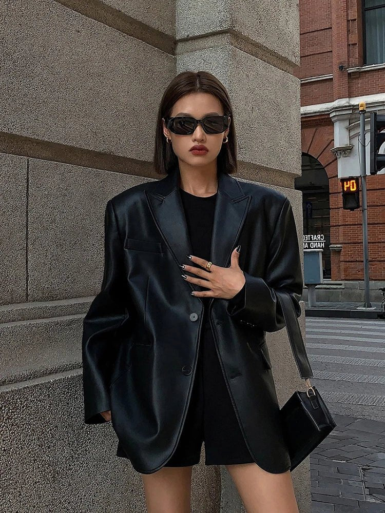 SEAME - Charice - Oversized Leather Blazer for Women with Shoulder Pads Black S