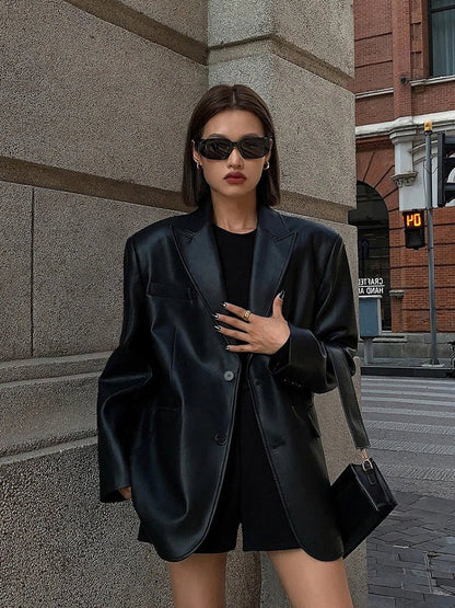 SEAME - Charice - Oversized Leather Blazer for Women with Shoulder Pads Black S