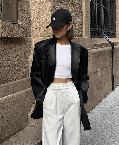 SEAME - Charice - Oversized Leather Blazer for Women with Shoulder Pads Black M