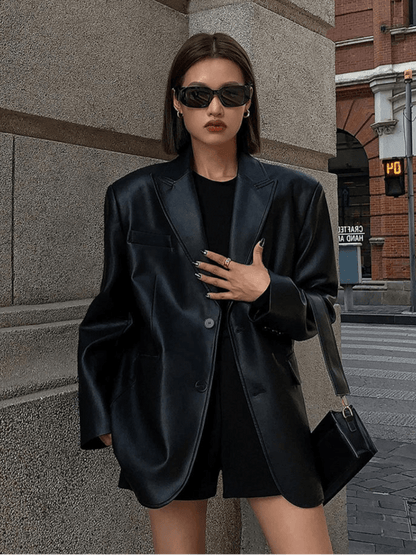 SEAME - Charice - Oversized Leather Blazer for Women with Shoulder Pads Brown S