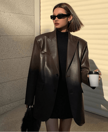 SEAME - Charice - Oversized Leather Blazer for Women with Shoulder Pads Brown S