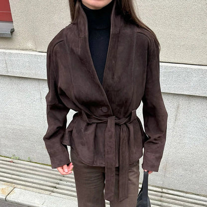 SEAME - Evelyn - Women's Autumn Winter Jacket with Lace - Up Detail, Retro Suede Long Sleeves Dark Brown S